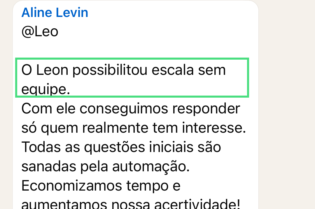 Mensagem de Aline sobre o LEON