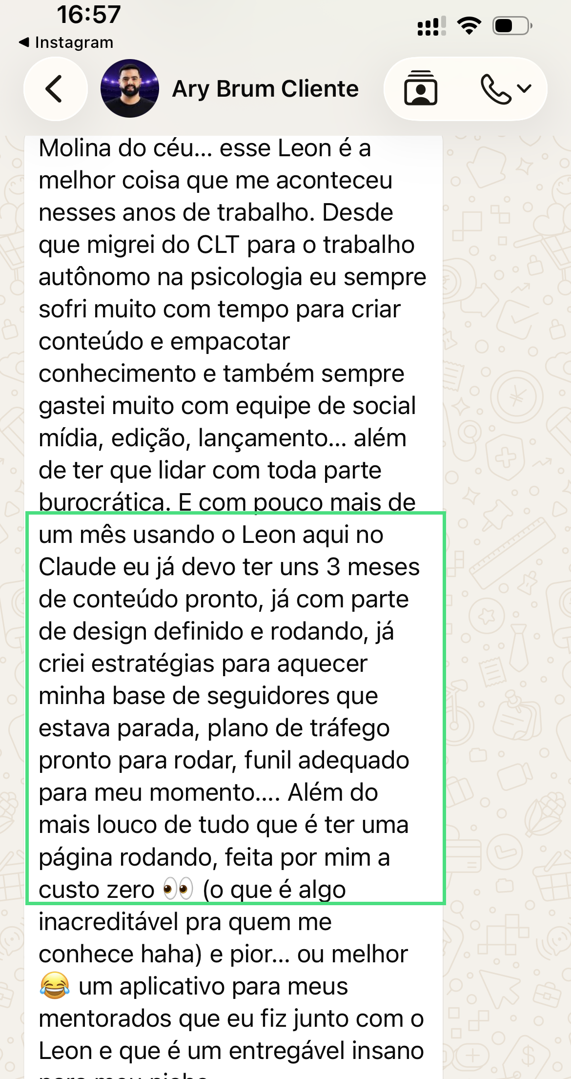 Mensagem de Ary sobre o LEON