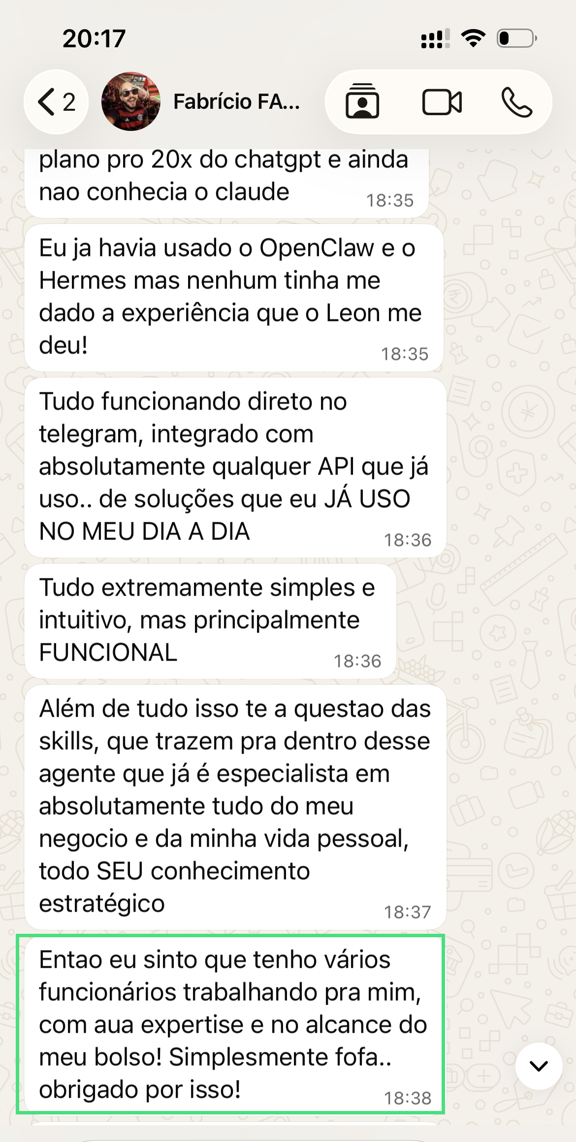 Mensagem de Fabrício sobre o LEON