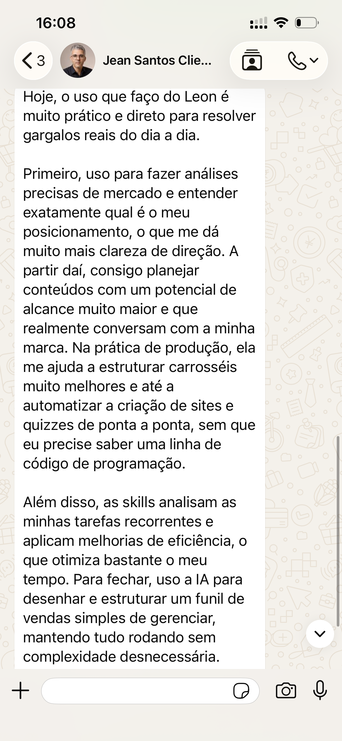 Mensagem de Jean sobre trabalhos feitos com o LEON
