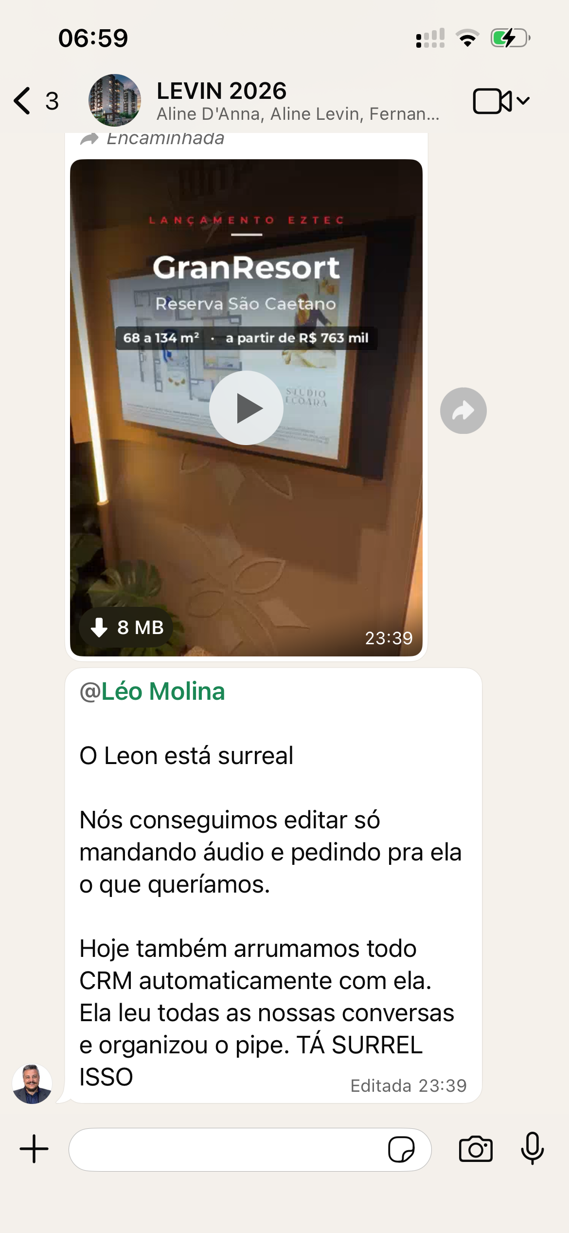 Mensagem sobre o LEON na operação da Levin
